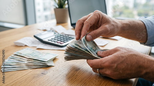 Hands sorting and counting banknotes on a wooden office desk, with a calculator and documents in the background, representing accounting, budgeting, cash flow, and financial management.