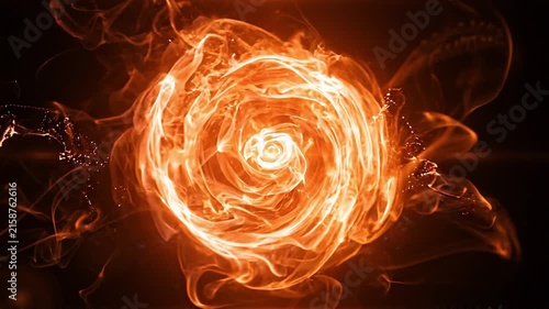 Abstract fiery energy swirl forming a glowing orange vortex on a dark black background.