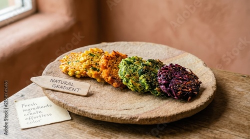 Vibrant assortment of healthy vegetable fritters arranged in a beautiful rainbow gradient on a rustic stone plate. These plant based snacks showcase natural colors and fresh organic vegan cooking art.