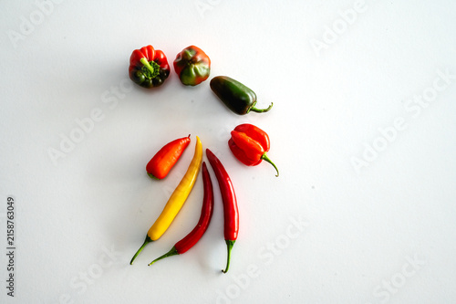 Fotografie A small selection of fresh chili and sweet peppers in red yellow and green on a clean white background a colourful assortment of spicy vegetables and healthy ingredients