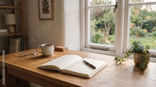 Open blank notebook with fountain pen on rustic wooden desk by sunlit window with coffee and succulent plant for creative writing inspiration or remote working in a cozy home office setting