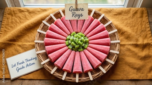 Vibrant pink guava popsicles arranged in a circular sunburst pattern on a wicker tray with fresh kiwi fruit in the center, representing healthy summer snacks and creative culinary food ideas for kids