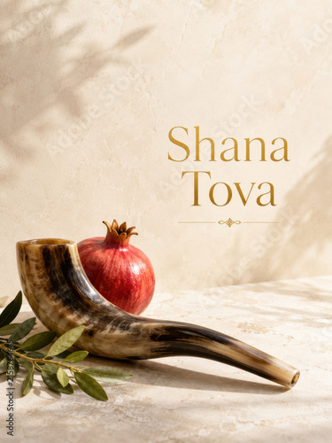Shana Tova Rosh Hashanah greeting card with a red apple, traditional shofar and olive branch arranged on a warm textured background with generous copy space