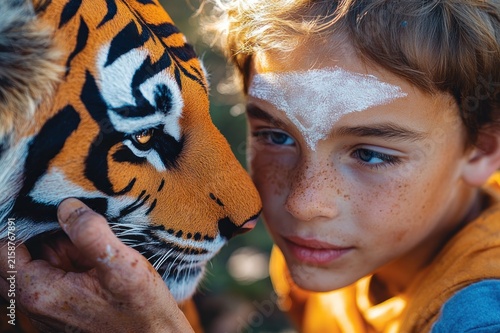 Close-up of a tiger face and stripes nuzzling a child's blurred profile as a freckled hand gently holds its chin, warm calm affectionate moment
