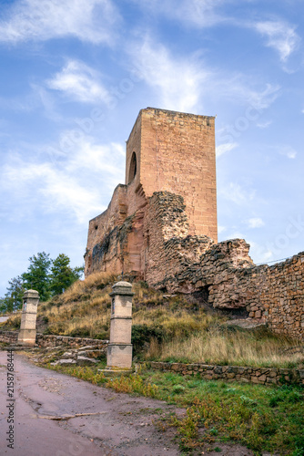 One of the towers of the old medieval wall of Mora de Rubielos, Teruel, Aragon, Spain
