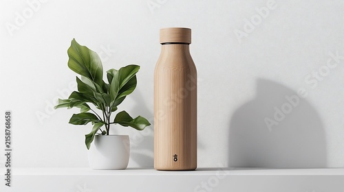 Wooden water bottle and potted plant on white shelf, minimalist aesthetic