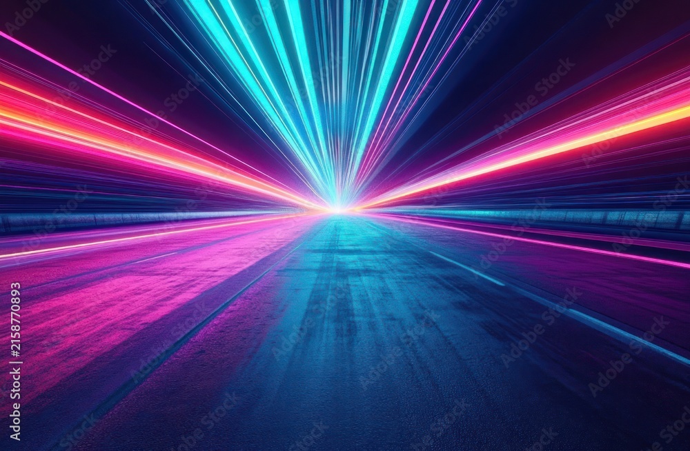 Fototapeta premium Empty neon-lit highway corridor with converging blue and pink light streaks and a radiant vanishing point over reflective wet asphalt, futuristic and exhilarating mood