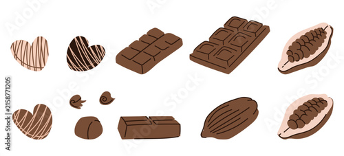 A set of illustrations featuring a chocolate bar, candies, and cocoa beans. Simple, hand-drawn style illustrations.