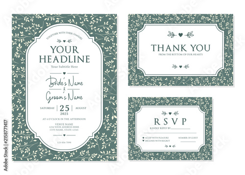 Sage Green Botanical Leaf Wedding Invitation Suite Vector Template
