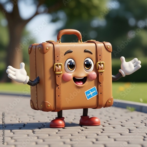 Adventure Awaits! This charming 3D render features a vintage suitcase with a cheerful, animated face, ready for its next journey on a cobblestone path.