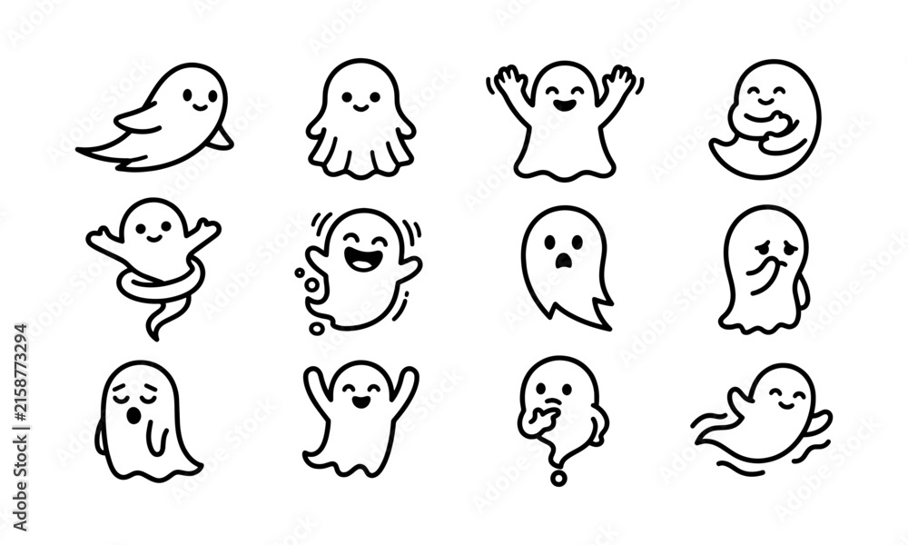 Fototapeta premium Cute Halloween Ghost Line Icon Set Vector Kawaii Spooky Sheet Characters
