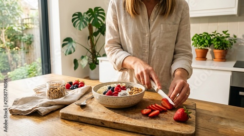Woman meticulously preparing a vibrant, nutritious breakfast bowl with freshly sliced strawberries and assorted berries, promoting healthy eating habits in a bright home kitchen
