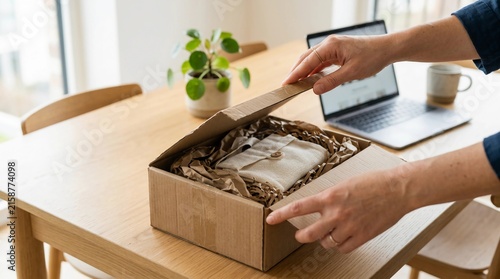 Thoughtful unboxing experience as a person opens an eco-friendly package, highlighting efficient delivery and the convenience of online retail in a modern home or office setting