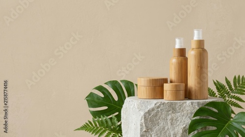 Natural Skincare Products on Stone Pedestal with Tropical Leaves.