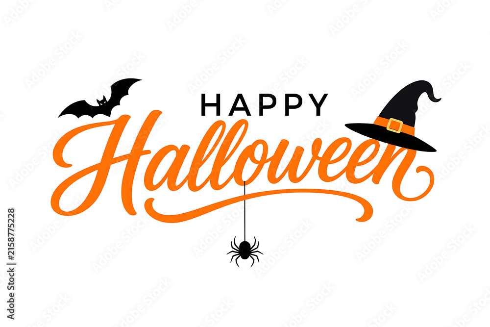 Fototapeta premium Happy Halloween Orange Typography with Bat, Witch Hat and Spider