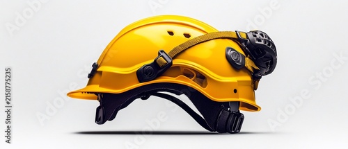 Yellow safety helmet with attached face shield, shown in profile against a white background