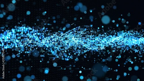 Abstract blue digital data stream with binary code and glowing particles flowing in a futuristic network environment.