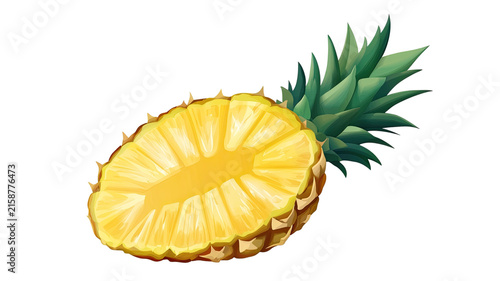 Fresh Ripe Pineapple Slice Isolated on White Background, Tropical Juicy Yellow Fruit Cut in Half, Healthy Natural Sweet Food for Dessert and Diet Concepts