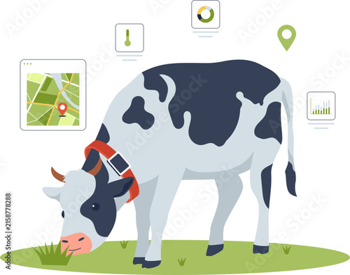  Livestock Smart Collar Health Monitor Flat Vector Illustration. Flat vector graphic depicting livestock smart collar health monitor for modern smart agriculture and sustainable agritech