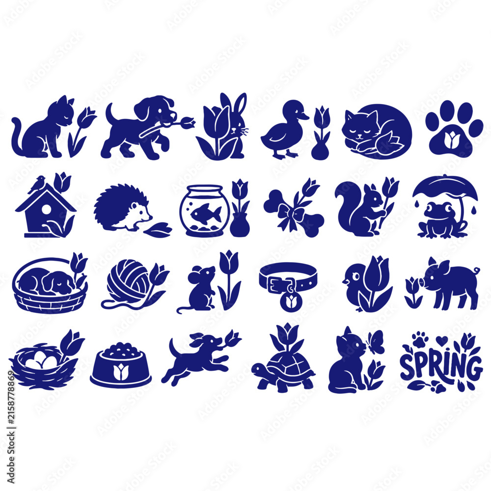 Fototapeta premium Cute pets and spring woodland animals vector icons. Domestic cat, dog, and backyard wildlife silhouettes with tulip flower decorative details.