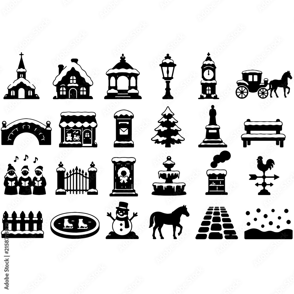 Fototapeta premium Snowy Christmas Village Winter Town Architecture Icon Set - Minimalist Vectors