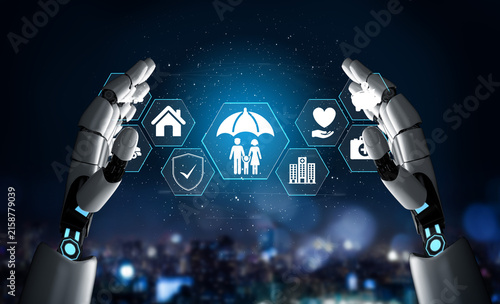 Foto Futuristic Robot Hands Interacting with Digital Icons Representing Insurance and Family Protection in a Modern City Setting