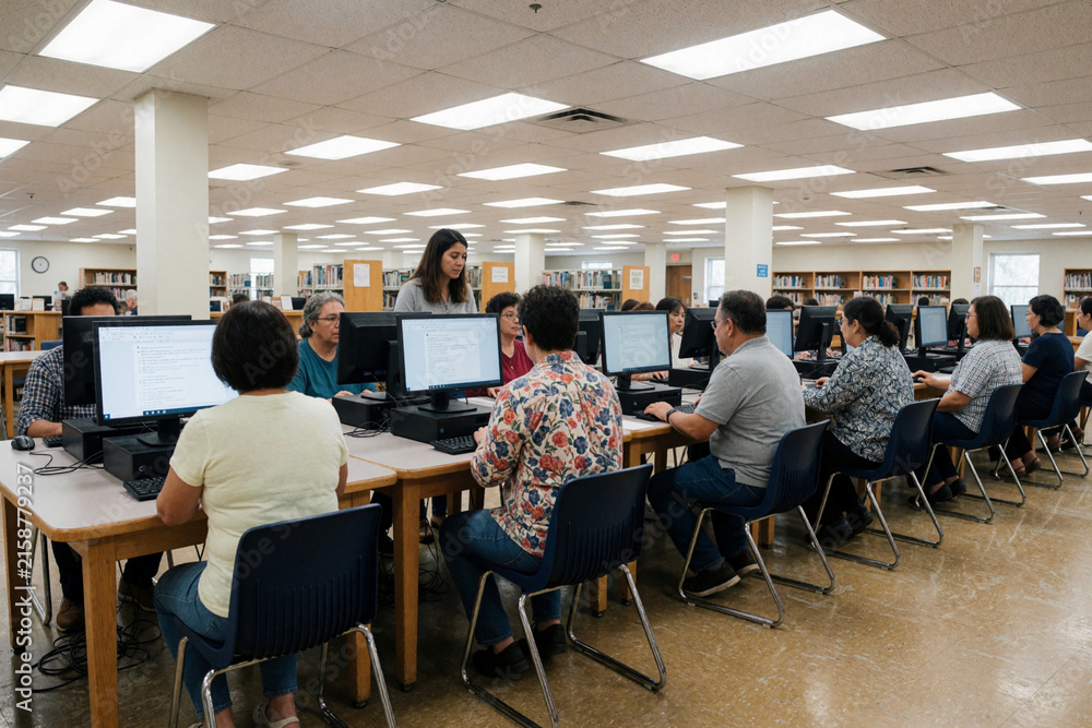 Fototapeta premium Adults using computers in a public library computer lab with instructor assistance