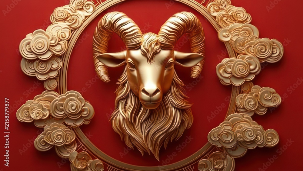 Fototapeta premium Majestic golden ram head sculpture with curled horns surrounded by ornate cloud motifs and circular frame on a red background, regal and celebratory