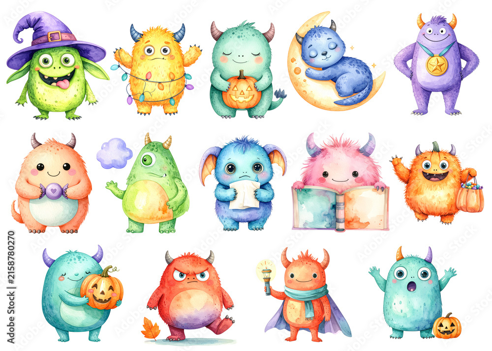 Fototapeta premium Cute Watercolor Halloween Monsters Character Collection with Pumpkins, Witch Hat and Cat