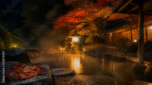 Traditional outdoor hot spring garden beneath autumn maple trees