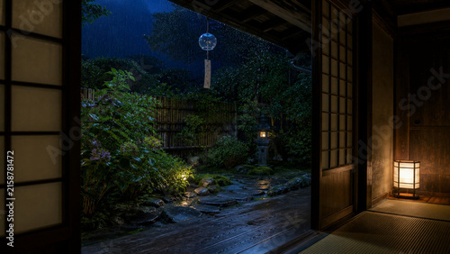 Rainy Japanese veranda and garden illuminated at night