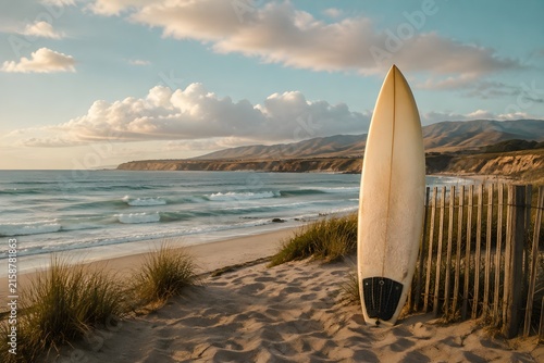 Surfboard Near September Beach with Waves and Clouds Creates Relaxed Coastal Lifestyle Sports Photography Scene