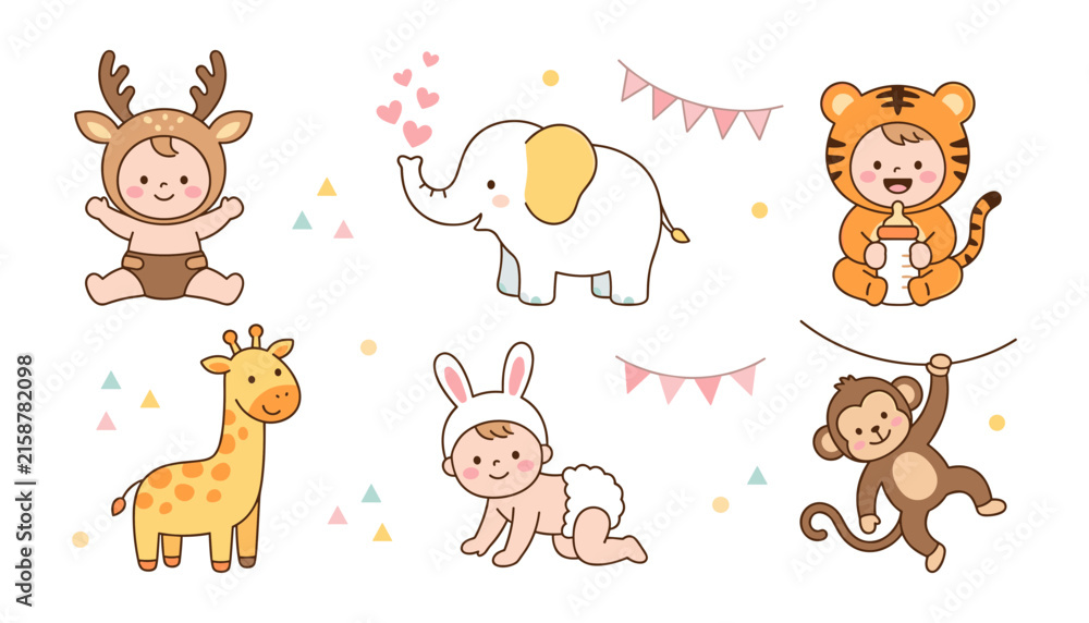 Obraz premium Cute Baby in Safari Animal Onesie Costumes Vector Set with Elephant Giraffe Tiger Monkey and Deer Elements for Nursery Wall Art and Shower Invitation Designs