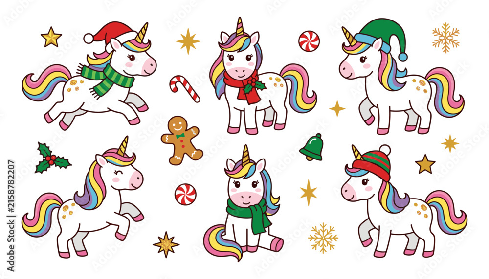 Obraz premium Cute Christmas Unicorn Vector Character Set with Santa Hats Scarves Gingerbread Man Snowflakes and Candy Cane Elements for Festive Holiday Kid Crafts