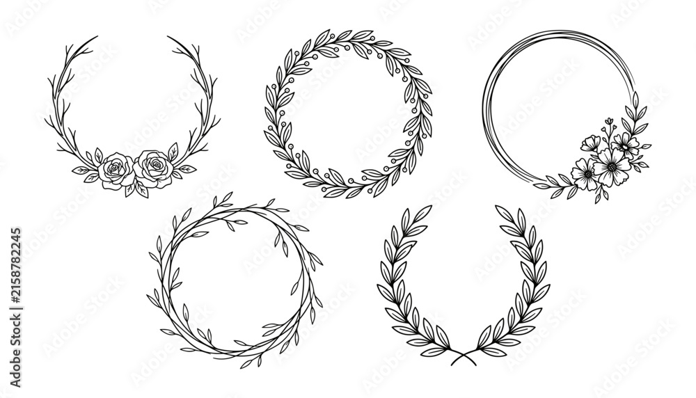 Fototapeta premium Elegant Black and White Floral Wreath Silhouette Vector Frame Set with Laurel Leaves and Roses for Wedding Invitations Logos and Monogram Line Art Designs