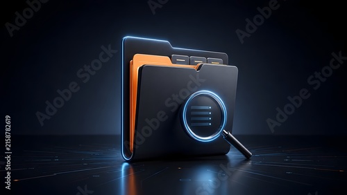 Glowing digital folder and magnifying glass with list icon illustrating file search directory organization and data indexing.
