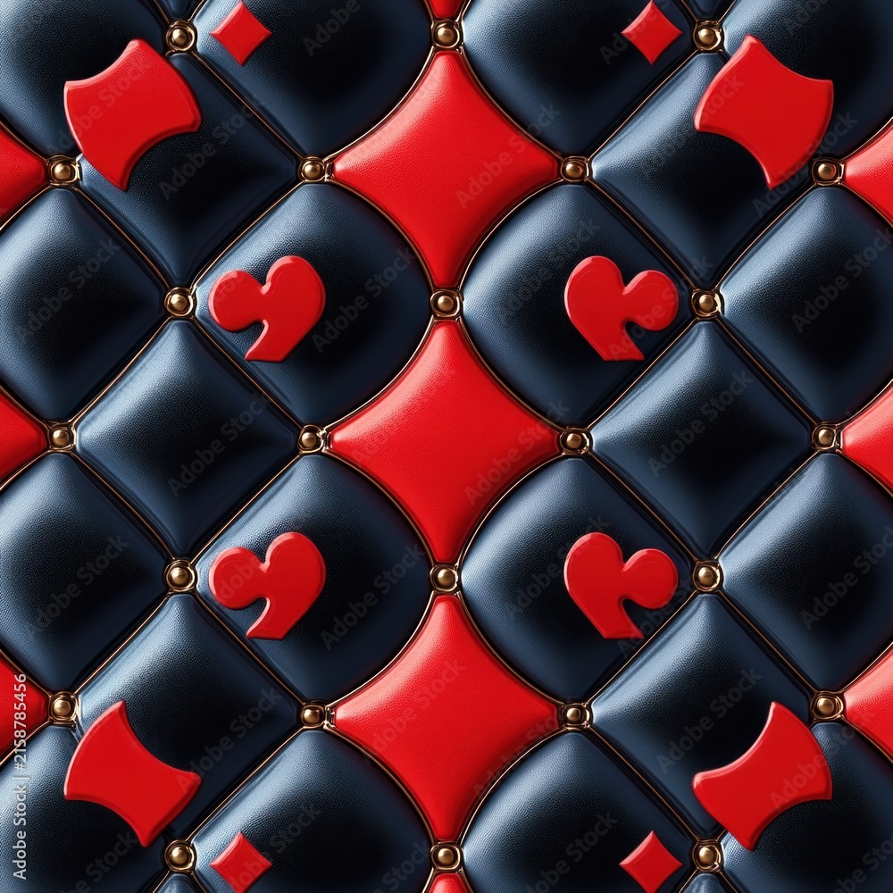 Fototapeta premium luxurious tufted black and red leather quilt with glossy gold buttons and embedded playing card suit shapes conveying bold glamorous elegance