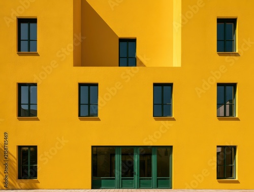 Yellow residential building with multiple windows and balcony