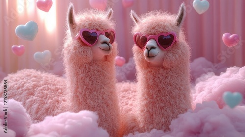 two fluffy pink alpacas wearing heart-shaped sunglasses amid pastel floating hearts and cottony pink clouds, creating a dreamy romantic and playful mood