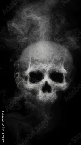 Mysterious white smoke forming a ghostly skull shape on black background spooky design