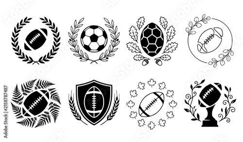 American Football and Soccer Emblem Icon Set with Laurel Wreath Laurel Shield Graphic Team Trophy Branding Designs