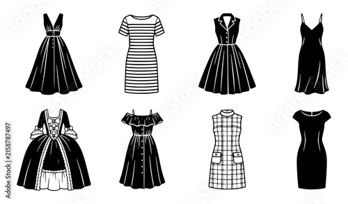 Women Fashion Dress and Vintage Gown Silhouette Icon Set with Modern Gingham Plaid Pattern Clothing Designs