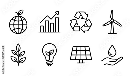 Green Ecology and Sustainable Energy Line Icon Set with Renewable Environment Symbols for Clean Technology Website Designs