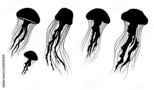 Jellyfish Silhouette Icon Set with Swimming Deep Sea Marine Creature Tentacle Graphic Elements for Ocean Aquarium Designs
