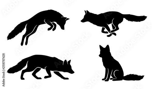Wild Fox Silhouette Icon Set with Running Jumping and Sitting Predator Animal Graphic Symbols for Wildlife Branding Designs