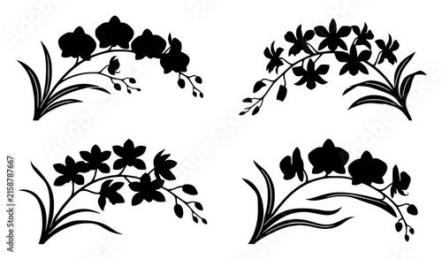 Orchid Flower Silhouette Icon Set with Exotic Tropical Floral Branch Elements for Luxury Beauty Salon Branding Designs