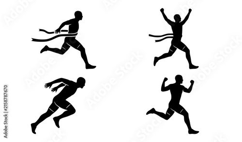 Running Athlete Silhouette Icon Set with Marathon Winner Crossing Finish Line Ribbon Symbols for Sports Branding Designs