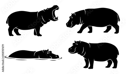 Hippopotamus Silhouette Icon Set with African Wildlife Hippo Graphic Symbols for Zoo Educational Project Media Designs