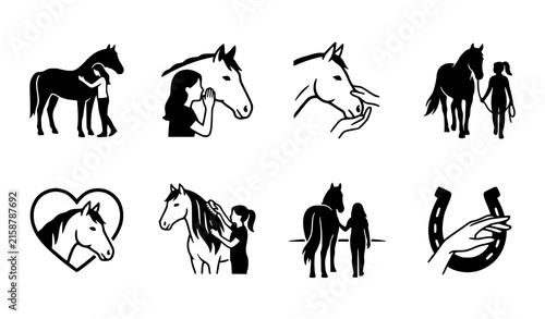 Horse and Girl Friendship Silhouette Icon Set with Equestrian Care and Grooming Symbols for Veterinary Ranch Designs