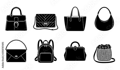Fashion Handbag and Women Luxury Purse Silhouette Icon Set with Modern Backpack Graphic Symbols for Shopping Store Designs